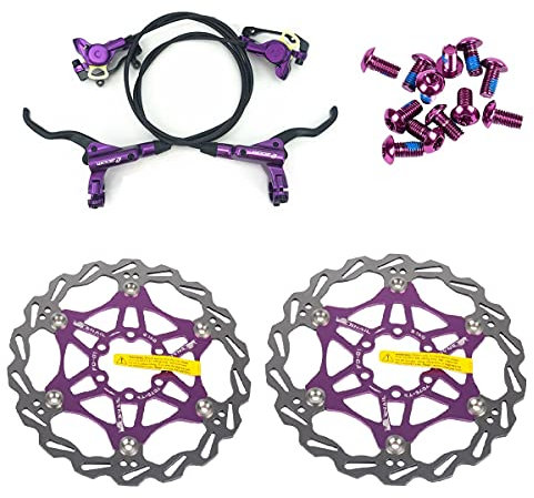 Zoom Ensemble de freins à disque hydrauliques avant et arrière pour VTT avec rotor à disque flottant de 160 mm et boulons de couleur (violet)
