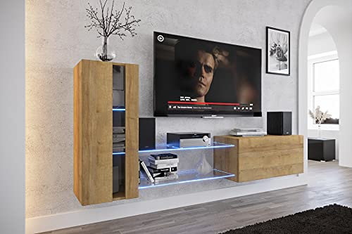 Furnitech Wohnwand Wohnzimmer | Wohnzimmer Möbel mit LED Weiß | Hängend Wohnwand Modern | Wohnzimmer Schrankwand mit Regale und TV Schrank (Future 45N-M-DZ6-1A)