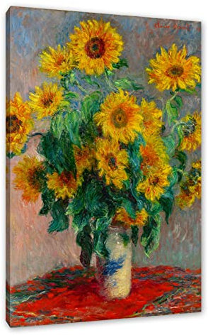 Pixxprint Claude Monet - Ein Strauß Sonnenblumen, Weiß, Größe: 100x70cm, Leinwandbild, fertig gespannt, Wandbild, Dekoration, Kunstdruck, kein Poster