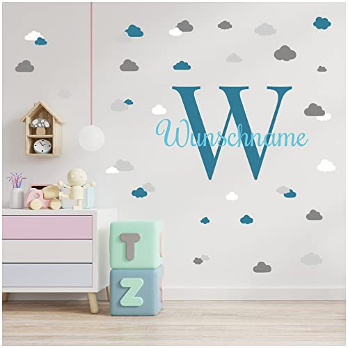 Wandsticker personalisiert Sticker Aquarell Tiere mit Name Wandtattoo für Kinderzimmer Babyzimmer Spielzimmer Mädchen Junge Y037 (Nr. 25 Wolken, Mit Wunschname)