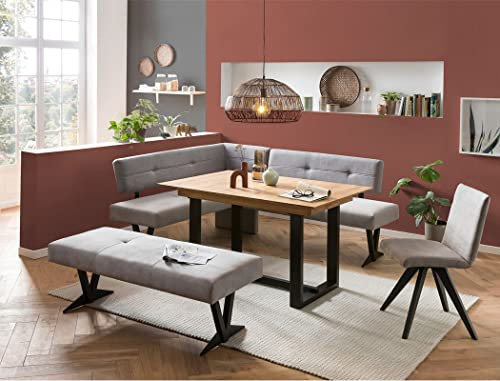 expendio Tischgruppe Esstisch Gunar 1XL 130(180) x90 cm Eiche rustikal massiv + 2X Bank EDA 3 + 1x Stuhl Caja Bezug Kombi Natural Gray, kurzer Schenkel bei Eckbank:Links