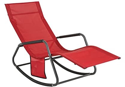 SoBuy Gartenliege Sonnenliege Outdoor Schaukelstuhl mit Seitentasche Liegestuhl für Gärten, Höfe, Strände, Balkone Relaxliege Schwungliege Rot 143x85x57 cm OGS47-R