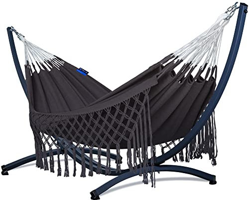 Potenza Outdoor Hängematte mit Gestell für 2 Personen I Medelin Boho- 100% Baumwolle Doppelhängematte 230x160, 200kg I Hängemattengestell 220kg, wetterfest (Basic Gestell Graphit, Braun)