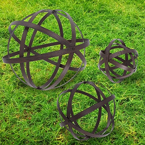 3 PCS Garden Spheres Balls Assorted Size Distressed Metal Band Decorative Sphere Folding Orbs Sculpture for Outdoor Indoor Decorations 7 10 12 Diameter (Rusty)