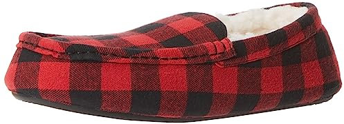 Amazon Essentials Herren Mokassin-Pantoffeln Aus Mikro-Veloursleder, Rot Schwarz Buffalo Karos, 43 EU