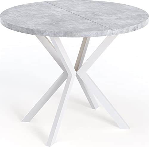WFL GROUP Runder Ausziehbarer Esstisch für 8-12 Personen - Loft Style Tisch mit Weißen Metallbeinen - 120 bis 200 cm - Industrieller Tisch für Wohnzimmer - Grauer Beton - 120 cm