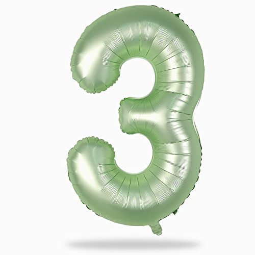 Sage Green Number 3 Balloon, 40In Large Foil Number Balloons Set 0-9 for Women, Self Inflating Olive Green Digital 3 Helium Balloon for Girls Boys 1st Birthday Jungle Safari Party Decorations Supplies
