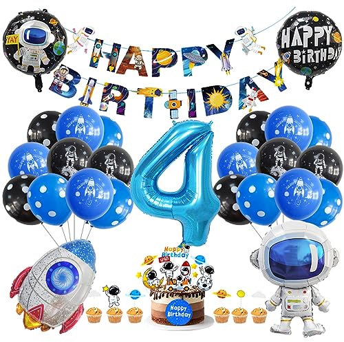 Guoguonb 4. Geburtstag Weltraum Party Deko Astronauten Raketen Folienballon Luftballons Space theme Cupcake Topper Tortendekoration Happy Birthday Banner für 4 Jahre Jungen Birthday Decorations