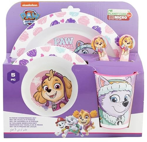 Microwave Safe 5pcs Character Animation 2023 Cartoon Dinner Tableware Set Plate, Bowl, Cup, Fork, Spoon BPA Free re-usable Plastic (Paw Patrol Girl Skye)
