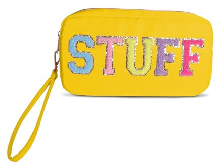 Reise Kosmetiktasche Klein, Preppy Kosmetiktasche, Chenille Patch Make-up-Tasche, Wasserdicht Kosmetik Organizer Tasche für Damen Face Hair Skin Makeup Tasche(Gelb)