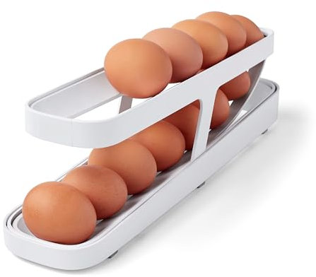 2 Tier Refrigerator Egg Rack - Rolling Egg Dispenser and Storage Container For Kitchen Fridge Organization