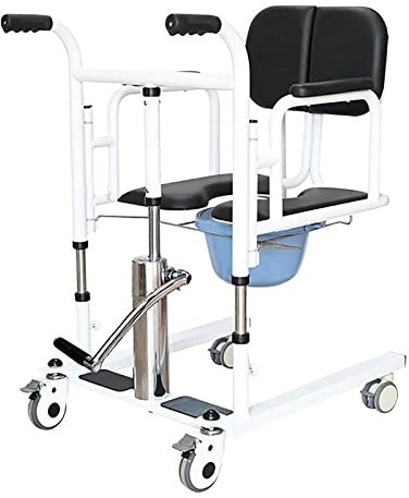 Hydraulischer Patientenlift Rollstuhl Multifunktions-Duschstuhl Tragbarer Transferheber Hilfe Nachttischstuhl Toilettenstuhl mit 180° geteiltem Sitz für ältere Menschen mit Behinderungen, Blau