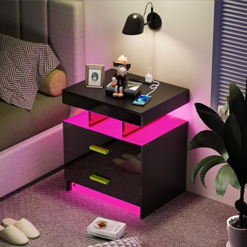 Lvhecforhm Nachttisch mit Ladestation, Nachtschrank mit Steckdosen und USB Anschlüsse, Nachttisch mit LED Licht 16 Farben Beleuchtung, Nachttische Hochglanz Front, Nachttisch Schwarz, HL431754_02