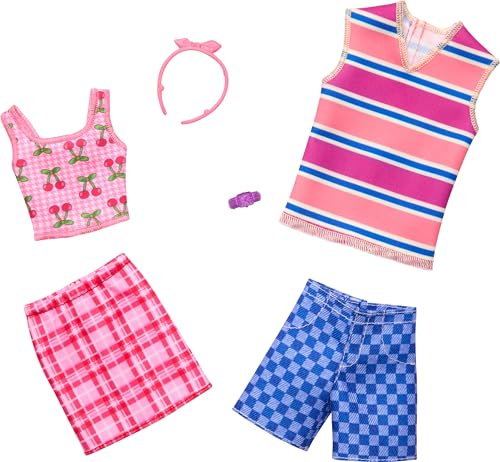 Barbie & Ken Fashions 2 Stück Kleidung & Zubehör 1 Kleid und Armband Gepard Druck für Barbie Puppe und 1 Hemd und Shorts mit Sonnenbrille für Ken Puppe