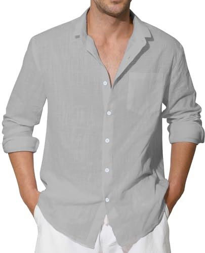 Enlision Mens Light Grey Cotton Linen Shirts Long Sleeve Henley Shirts Button Down Casual Summer Beach Shirt Spread Collar Holiday with Pocket L
