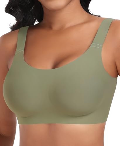 Ganado Damen BH Tiefem V-Ausschnitt Nahtloser Soft Bequem Bügellos Bustier (Grün-Nahtlos, L)