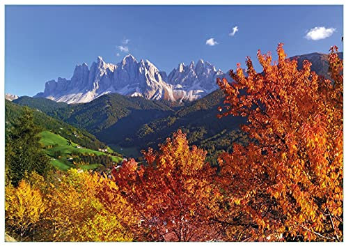 Wallario Glasbild Herbst im Gebirgstal unter blauem Himmel - 70 x 100 cm Wandbilder Glas in Premium-Qualität: Brillante Farben, freischwebende Optik