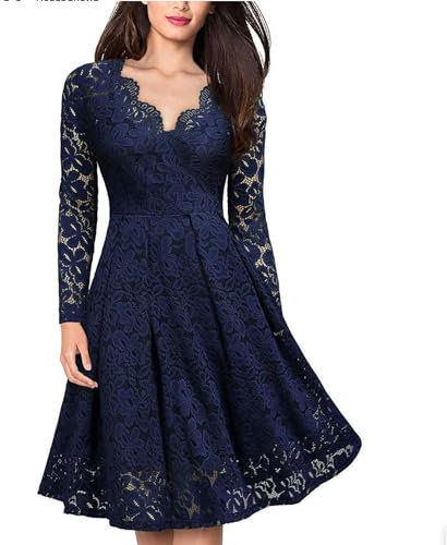 Vestido de Fiesta cóctel de Encaje con Escote en Pico y Manga Larga para Mujer-Azul Marino-S