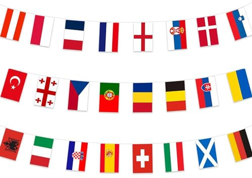 Wimpelkette zur Euro-Fußballmeisterschaft 2024, 24 Nationen, europäische Flaggen, Wimpelkette, 7,5 m, 14 x 21 cm, Wimpelkette, Party-Dekorationen für Garten, Bar, Innen- und Außenbereich, 2 Stück