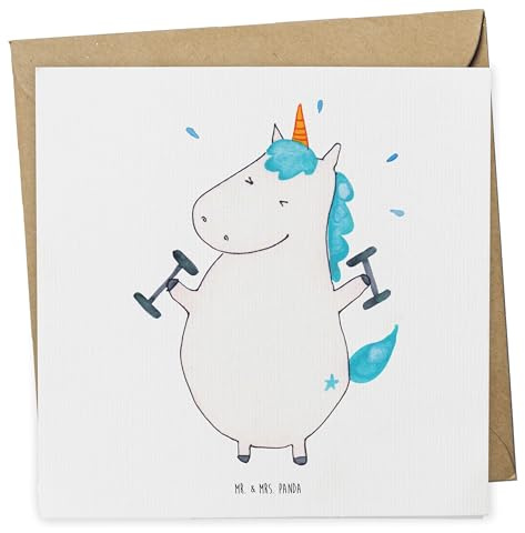Mr. & Mrs. Panda Grußkarte Einhorn Fitness - Geschenk, Einhörner, Abnehmen, Unicorn, faltkarte, doppelkarte, Klappkarte, Diät, Fitnessstudio, Sport, anlasskarte, Gym, Glückwunschkarte