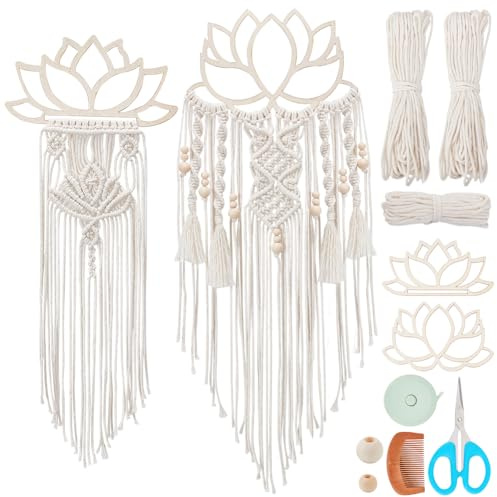 FREEBLOSS 2 Set DIY Makramee Lotus Wandbehang Set, Makramee Wandteppich Mit Macrame Rahmen, Lotus Wandbehang Dekor Für Wohnzimmer, Macrame Kit Für Anfänger Mit Anleitung