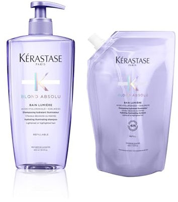 Kérastase Blond Absolu Bain Lumière Nachfüllset, Feuchtigkeitsspendendes Shampoo für blondes/blondiertes Haar, Enthält: Blond Absolu Bain Lumière 500 ml im Pumpspender sowie 500-ml-Nachfüllpackung