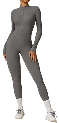 Ecupper Jumpsuits Damen Yoga Bodycon Einteiler Zip Up Overall Rompers Langärmelig Workout Outfit Grau XS