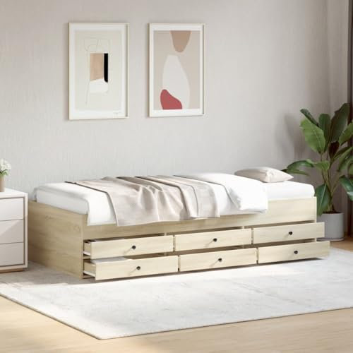 IKAYAA Einzelbett mit 6 Schubladen 90x200 cm, Jungendbett 90x200 cm, Kojenbett mit Stauraum Kiefer massivholz, Tagesbett mit Stauraum, Funktionsbett 90x200 cm Sonoma-Eiche