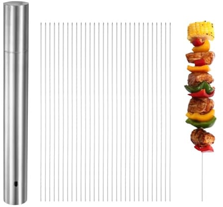 M METERXITY 100-Pack Metal Kabob Skewers, 15 Inch 304 Stainless Steel Barbecue BBQ Skewers for Grilling with Storage Tube for Party/Outdoor