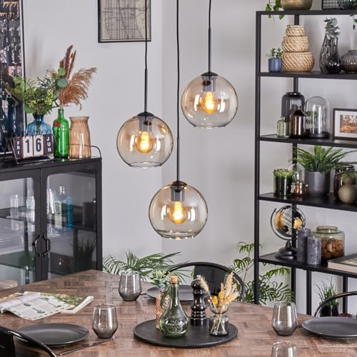 HOFSTEIN Hängeleuchte Koyoto, 3-flammige Hängelampe aus Metall/Glas in Schwarz/Bernstein/Klar, moderne Pendelleuchte im Retro/Vintage-Design, Schirme Ø 20 cm, E27, Esszimmer, Küche, Wohnzimmer
