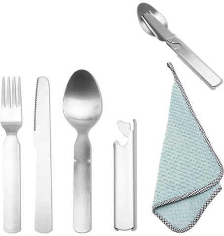 TMZELOA Cubertería de camping de acero inoxidable de 4 piezas con un trapo verde, juego de cubertería del ejército alemán, prácticos cubiertos de viaje al aire libre, se pueden juntar, con cuchillo