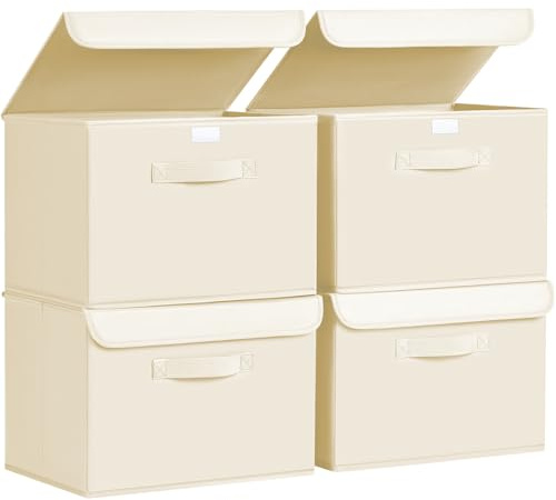 DIMJ Aufbewahrungsboxen mit Deckel, Faltbare Aufbewahrungskiste mit Griff, Aufbewahrungskorb, Ordnungsboxen Kleiderschrank Organizer Stoff Faltbox für Kleidung, 4 Stück, Beige