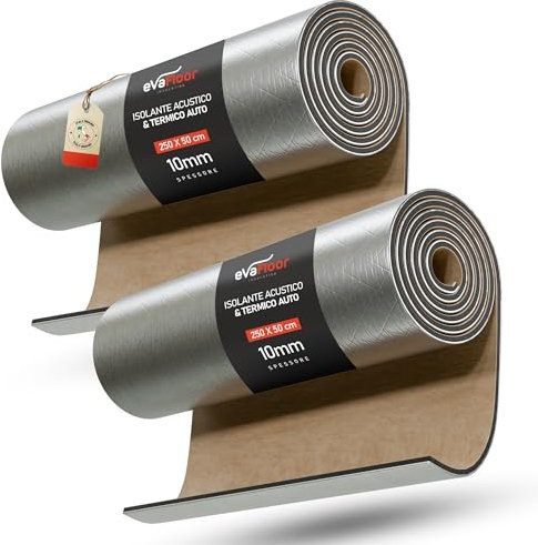 EVAFLOOR Pack 2 Isolante Termico Adesivo 250 x 50 cm – Spessore 10 mm | Insonorizzazione Auto | Perfetto per Auto, Furgoni e Camper | Temperatura Massima 110 °C / Minima -50 °C
