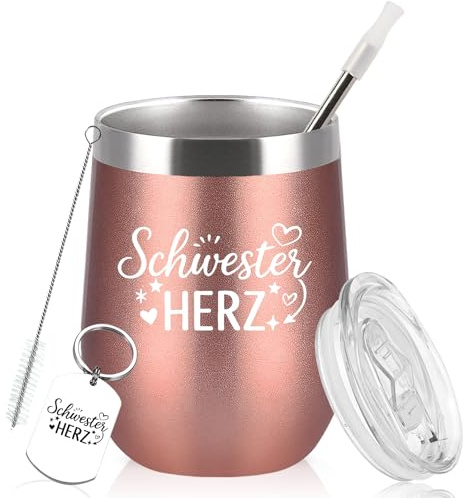 Diztoud Schwester Geschenk, Geschenke für Beste Schwester, Geschwister, Schwestern Geschenke zum Weihnachten, 350ml Doppelwandig Edelstahl Weinbecher mit Deckel und Strohhalm, Schlüsselanhänger