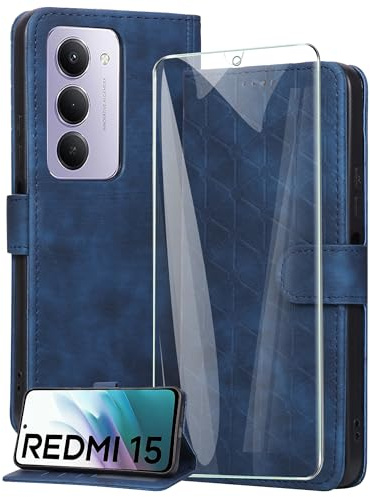 binandteam Handyhülle für Xiaomi Redmi 15 4G Hülle mit Schutzfolie,Premium Pu Lederhülle Magnet Klappbar Flip Case Stoßfest Schutzhülle - Blau
