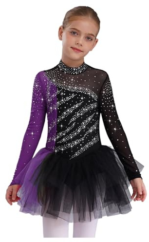 HULIJA Bambina Pattinaggio Artistico Vestito Strass Glitter Pattini A Rotelle Abito Maniche Lunghe Colletto Alto Body Volant Tulle Tutu Gonna Competizione Costume da Danza Nero Viola 13-14 Anni