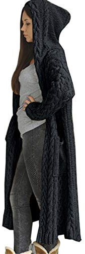 Long Cardigans for Women Chunky Cable Knit Jumper Warm Winter Ladies Maxi Hooded Cardigan Oversized Sweater Long Sleeve Open Front Jacket Plus Size Coatigan Knit Coats Outwear with Pockets