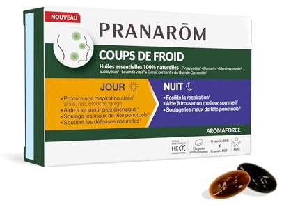 Pranarôm Aromaforce Coups de Froid Jour/Nuit 15 Capsules | Duo d'huiles essentielles pour soutenir l'énergie le jour et le sommeil la nuit. Capsules différenciées.