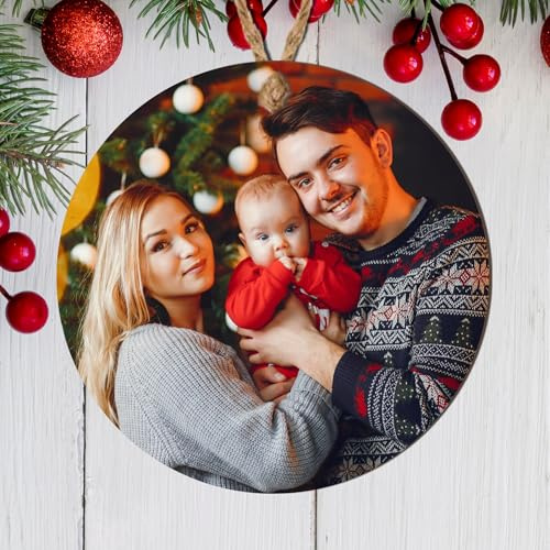 Personalised Family Photo Christmas Bauble Ornament - Custom Wood or Acrylic Xmas Tree Hanging Decoration, Unique Keepsake (MDF Wood - Indoor Use Only)