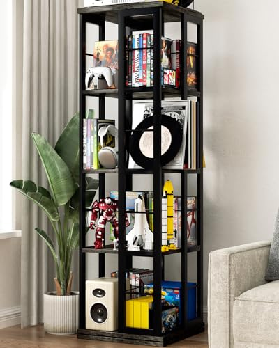 iSunirm Drehbarer Bücherregal, Eckregal, 360° drehbares Bücherregal aus Holz, Standregal, schmales Regal, drehbarer Organizer, Aufbewahrungsregal für kleine Räume, Schlafzimmer, graue Eiche