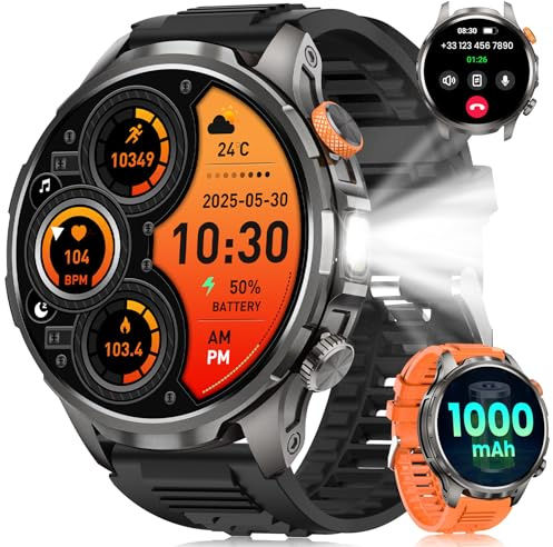 Smartwatch Herren Militär mit 1000mAh Akku 1,91 AMOLED Armbanduhr/LED Taschenlampe/5ATM Wasserdicht Fitnessuhr mit Telefonfunktion 110+ Sportmodi/Pulsuhr/Schlafmonitor/SpO2 iOS Android Sternenschwarz