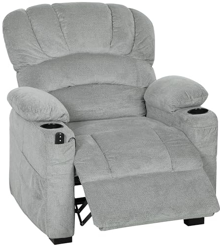 HOMCOM Sillón Relax Reclinable Eléctrico, Sillón Reclinable Silencioso de Terciopelo con Función Memoria, Reposapiés, Mando a Distancia, Bolsillos, Puerto USB, Portavasos, Respaldo Concha, Gris