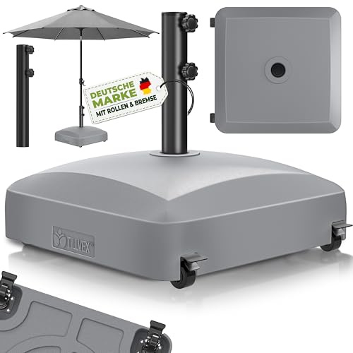tillvex® Sonnenschirmständer PAVERA mit Rollen & Bremsen für Ø 1,8-3,7 m | Schirmständer befüllbar mit Wasser/Sand 37 L / 56 kg | Schirmgewicht Sonnenschirm & Marktschirm | Wetterfest & UV-beständig