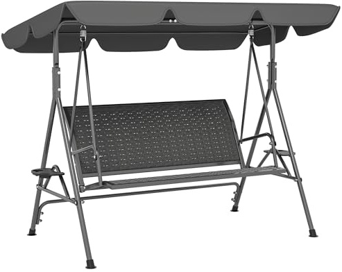 Outsunny Garten-Schaukelstuhl für 3 Personen aus PE-Rattan mit verstellbarem Sonnendach und Getränkehalter, Schaukelstuhl für den Außenbereich mit Stahlrahmen, Tragkraft 320 kg, 204 x 112 x 150 cm,