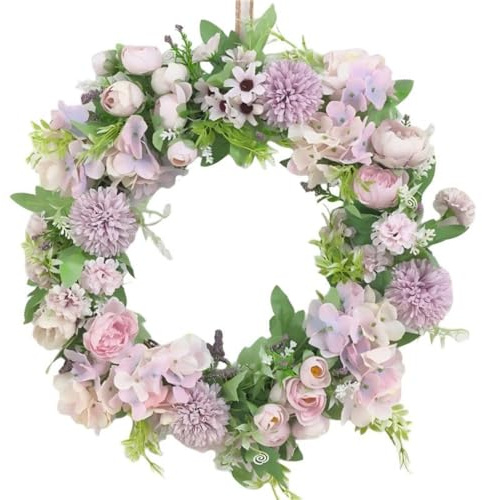 Künstlicher Blumenkranz 40cm – Pfingstrosen & Hortensien Wandkranz für Haustür, Dekokranz in Rosa/Violett, Frühling & Sommer Türdeko, Hochzeitsdeko & Wandgestaltung