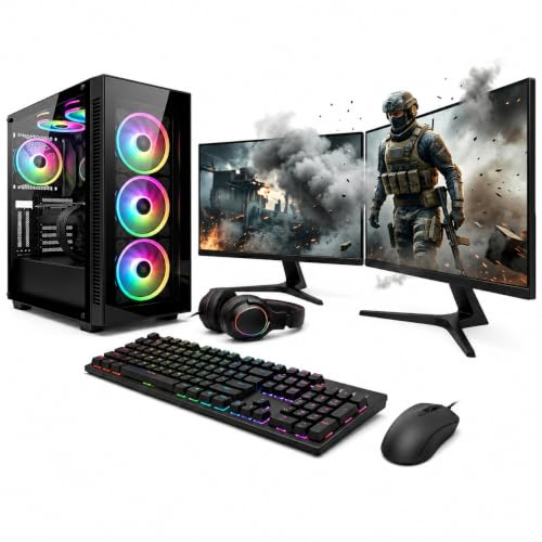 Dual Monitor RGB Gaming Desktop Bundle | Core i5, 16GB Memory, GT 730 Graphics | 256GB SSD + 1TB HDD | Win 11 PC Complete Setup with Keyboard & Mouse