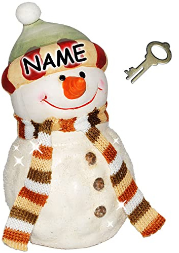 alles-meine.de GmbH 1 Stück Glitzer Effekt Spardose - lustiger Schneemann mit Schal & grüner Mütze - incl. Name - mit Schlüssel und Schloss - stabile Sparbüchse aus Porze..