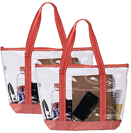 VENO Pack de 2 Bolsas Transparentes con Cremallera y Bolsillo, Bolsa Impermeable de Vinilo Transparente de PVC, Bolsa de Playa, Piscina, Juegos, Parque Acuático, Exterior (Pack de 2, Rojo)