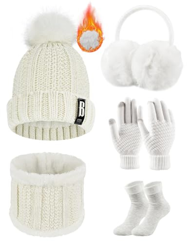 Voqeen Mütze Schal Handschuhe Set Damen 5-teiliges | Fleece Futter, Touchscreen-Fingerspitzen, Dicke Socken Plüsch Ohrenschützer, Wärmend, Winter Outdoor Geschenk für Frauen