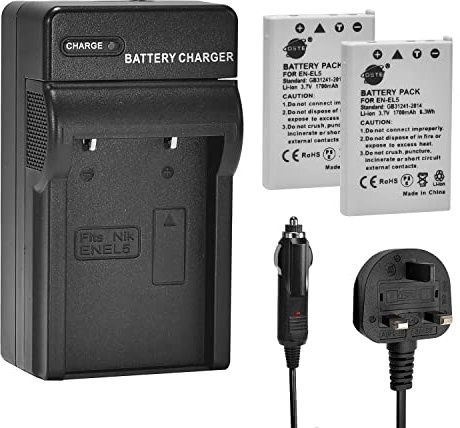 DSTE 2PCS EN-EL5 (1700mAh/3.7V) Battery and Charger Kit Compatible with Nikon Coolpix P510 P520 P530 P5100 P6000 S10 P80 P90 P100 P500